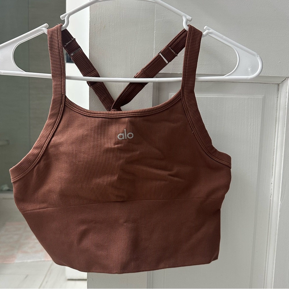 ALO Seamless Ribbed Ribbed Bra Tank in Chestnut, size medium